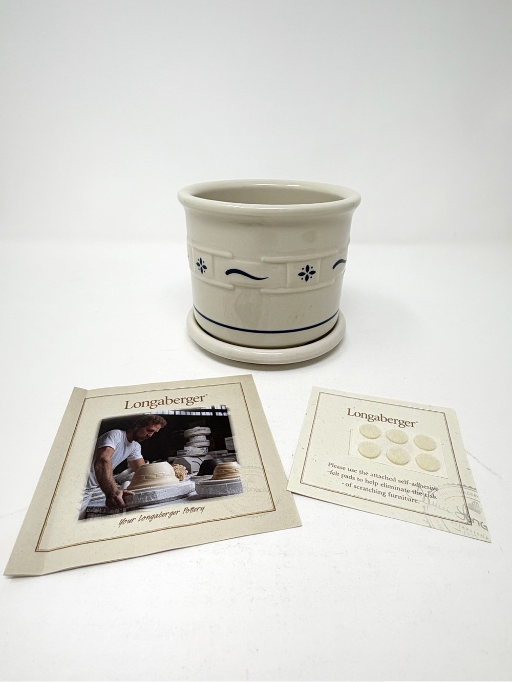 Longaberger Woven Traditions 1 Pint Crock Set Ivory Blue w Lid